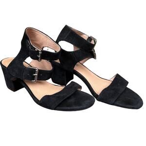 Halogen Block Heel Sandals Size 6.5 Black Suede Ankle Straps Buckle Open Toe